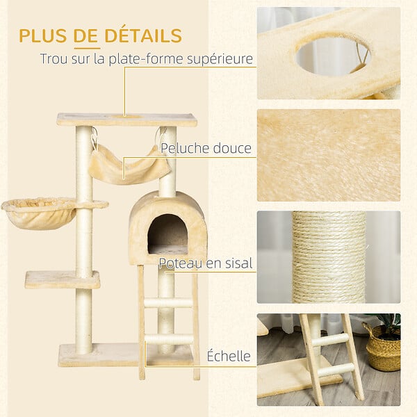 PAWHUT - Arbre à chat griffoir arbre à grimper tour de jeu stable à plusieurs niveaux centre d'activités hauteur 98 cm beige - large