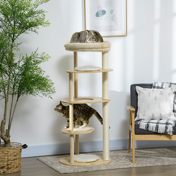 PAWHUT - Arbre à chat style nordique griffoir sisal naturel 4 plateformes coussins panier d'observation amovible bois pin panneaux bois clair - large