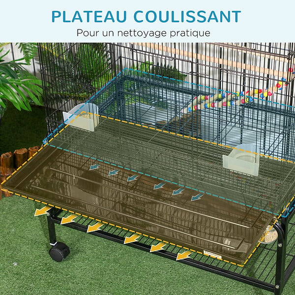 PAWHUT - Cage à oiseaux sur roulettes - étagère, plateau déjection, 3 perchoirs, 4 mangeoirs, 2 portes, 8 trappes, accessoires - acier noir - large