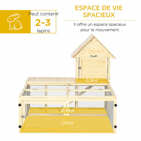 PAWHUT - Clapier enclos cage à lapin 2 niveaux dim. 151L x 106l x 97H cm - aire de jeu, rampe, portes verouillables - bois sapin - large