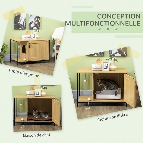 PAWHUT - Maison de toilette pour chat style industriel porte entrée latérale boule suspendue châssis acier aspect bois clair - large