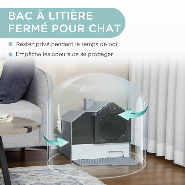PAWHUT - Maison de toilette chat design maison - bac à litière - tapis, poignée, pelle, filtre, tiroir inclus - PP blanc noir gris - large
