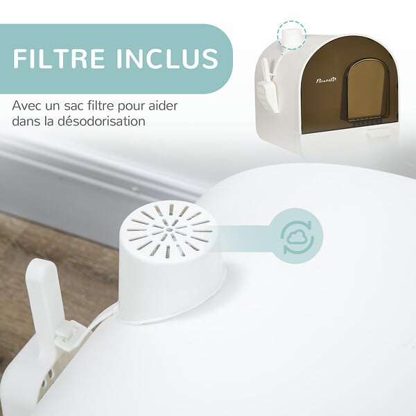 PAWHUT - Maison de toilette bac à litière pour chat avec porte battante, pelle et filtre inclus dim. 43L x 44l x 47H cm PP blanc marron fumé - large