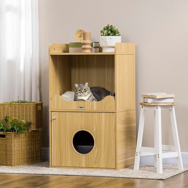 PAWHUT - Maison de toilette chat - porte, niche avec coussin, plateau - panneaux aspect bois clair - large