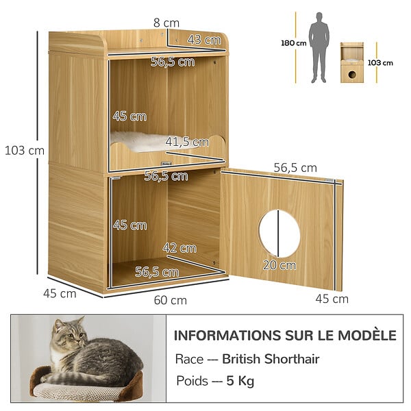 PAWHUT - Maison de toilette chat - porte, niche avec coussin, plateau - panneaux aspect bois clair - large