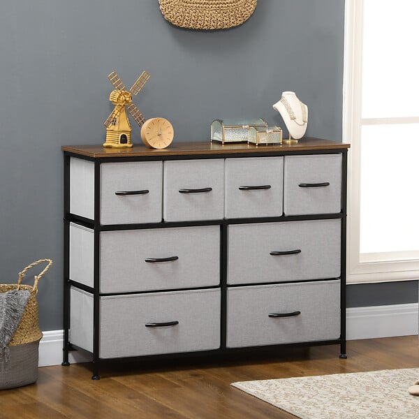 HOMCOM - Commode meuble de rangement 8 tiroirs - dim. 100L x 30l x 78H cm - structure acier noir tissu pliant gris - large