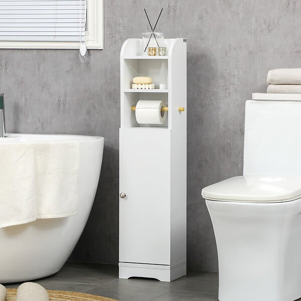 KLEANKIN - Meuble WC armoire toilette - porte, 2 étagères, niche, support papier - dim. 23L x 18l x 100H cm - blanc - large