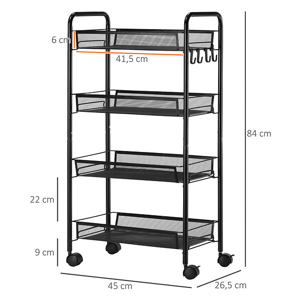 HOMCOM - Chariot de service desserte de cuisine à roulettes 4 paniers métalliques amovibles 4 crochets acier noir - large
