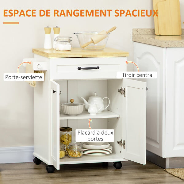 HOMCOM - Desserte de cuisine - placard porte avec étagère réglable, tiroir, porte-torchon - blanc bois d'hévéa - large