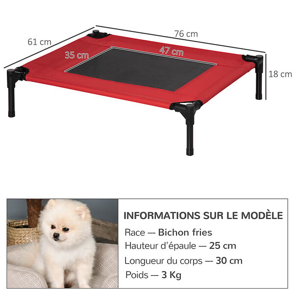 PAWHUT - Lit surélevé pour chien chat dim. 76L x 61l x 18H cm avec sac métal époxy tissu oxford textilène micro-perforé rouge noir - large