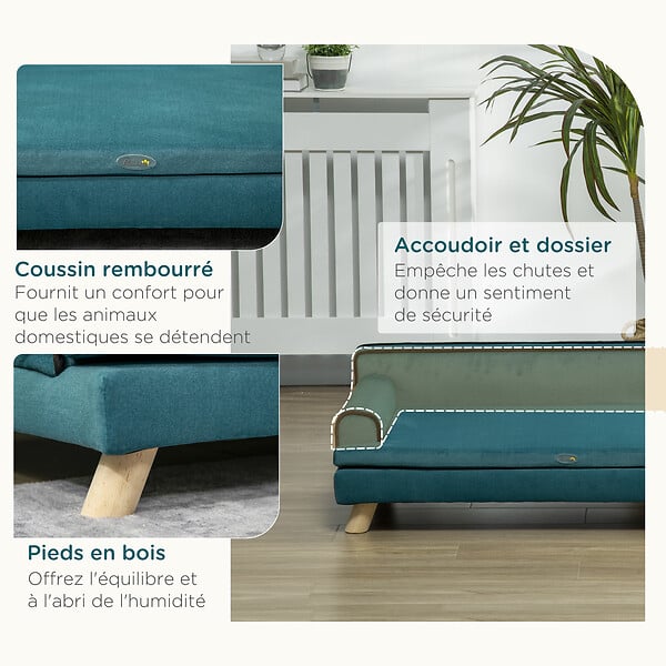 PAWHUT - Canapé chien lit pour chien chat avec accoudoirs dossier coussin déhoussable pieds bois velours bleu canard - large