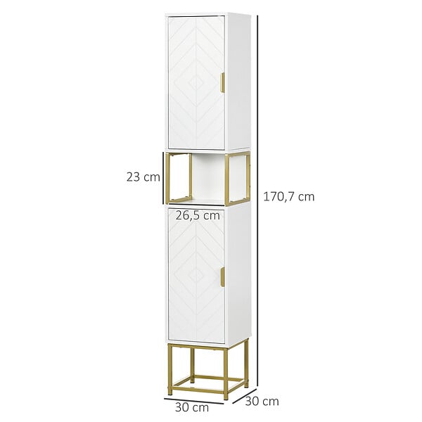 KLEANKIN - Meuble colonne rangement salle de bain design - 2 portes, 2 étagères, niche - acier doré MDF blanc - large