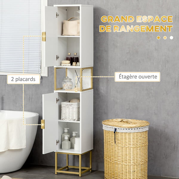 KLEANKIN - Meuble colonne rangement salle de bain design - 2 portes, 2 étagères, niche - acier doré MDF blanc - large