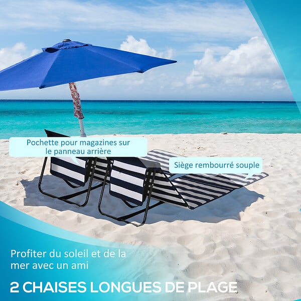 OUTSUNNY - Lot de 2 tapis de plage rembourrés pliables - matelas de plage - dossier inclinable, rangement - métal polyester blanc bleu - large