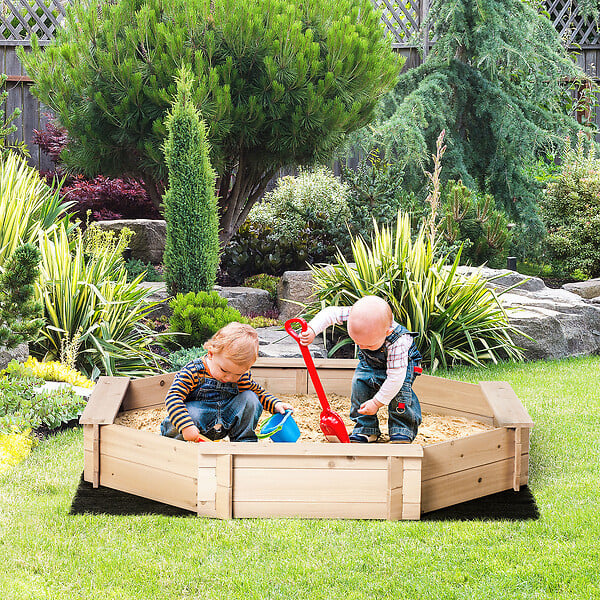 OUTSUNNY - Bac à sable bois octogonal dim. 139,5L x 139,5l x 21,5H cm - 4 bancs - bâche de couverture, non tissé de sol inclus - bois sapin - large