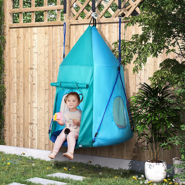 OUTSUNNY - Balançoire nid d'oiseau ronde balançoire panier Ø 1,1 x 1,5H m - tente amovible incluse - accessoires inclus bleu - large