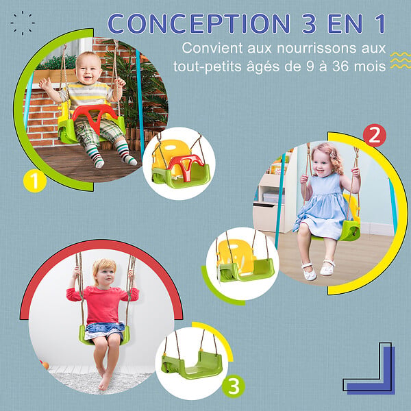 OUTSUNNY - Balançoire siège 3 en 1 évolutif réglable enfant - dossier, barre en T amovibles, ceinture - large