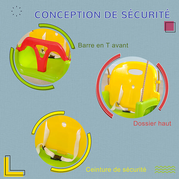 OUTSUNNY - Balançoire siège 3 en 1 évolutif réglable enfant - dossier, barre en T amovibles, ceinture - large