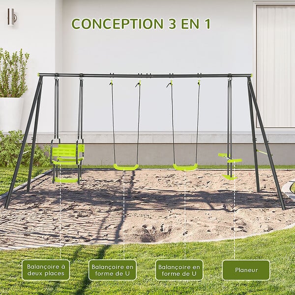 OUTSUNNY - Balançoire 4 agrès portique avec 2 balançoires et 2 face à face dim. 3,55L x 1,84l x 1,86H m acier époxy gris PE vert - large