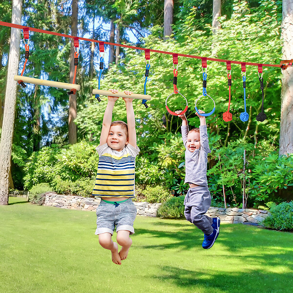 OUTSUNNY - Parcours d'obstacles ninja enfant - 30 accessoires, 10 m de slackline - sac de transport - bleu rouge - large