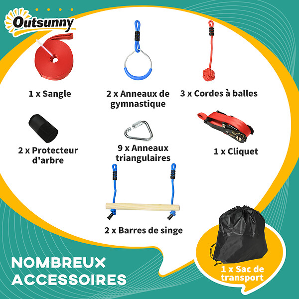OUTSUNNY - Parcours d'obstacles ninja enfant - 30 accessoires, 10 m de slackline - sac de transport - bleu rouge - large
