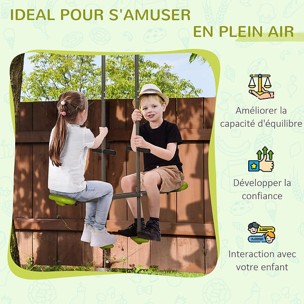 OUTSUNNY - Balançoire agrès face à face enfant 3 à 6 ans - selles larges, guidon, repose-pied - gris vert - large