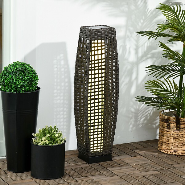 OUTSUNNY - Lampadaire LED solaire de jardin style colonial dim. 21L x 21l x 78H cm résine tressée filaire grise - large