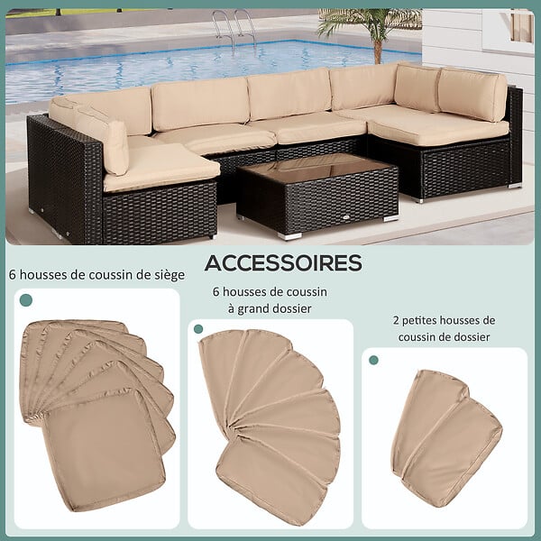 OUTSUNNY - Lot de 14 housses de rechange coussins salon de jardin - 6 housses coussin d'assise, 8 housses coussin dossier - housses zippées polyester déperlant marron - large