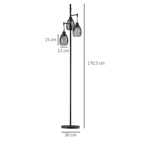 HOMCOM - Lampadaire design industriel 3 têtes 40 W max. luminosité réglable métal filaire acier noir - large