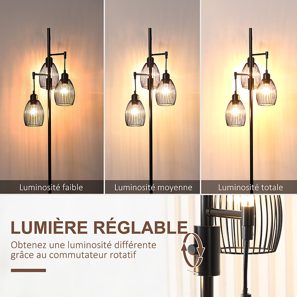 HOMCOM - Lampadaire design industriel 3 têtes 40 W max. luminosité réglable métal filaire acier noir - large
