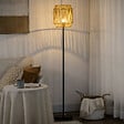 HOMCOM - Lampadaire aspect cannage style cosy 40 W max. H.158 cm piètement mât métal noir abat-jour corde papier tressé main - vignette