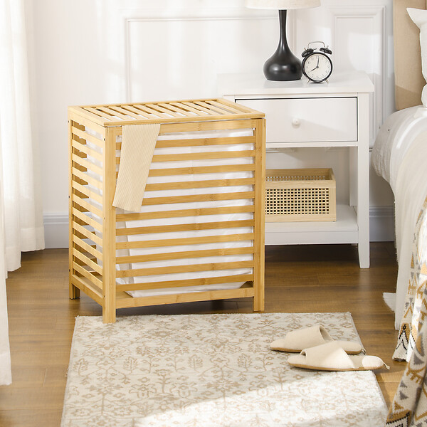 HOMCOM - Panier à linge - sac en tissu amovible, couvercle - dim. 50L x 36l x 60H - bois bambou verni - large