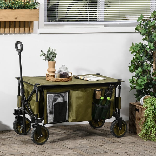 OUTSUNNY - Chariot de jardin pliable 4 roues - bâche amovible, poignée télescopique réglable, 5 pochettes rangement - acier polyester kaki - large