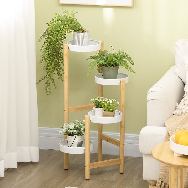 OUTSUNNY - Support à fleurs style scandinave 4 niveaux - porte plante 4 étagères - bois bambou verni métal blanc - large
