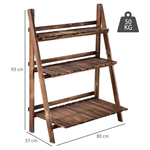 OUTSUNNY - Étagère à plantes forme pyramidale échelle pliante avec 3 étagères - dim. 80L x 37l x 93H cm - bois sapin traité carbonisation - large