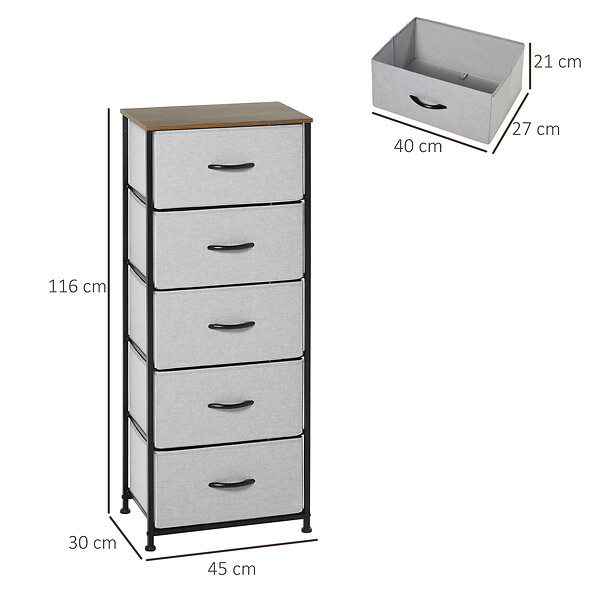 HOMCOM - Chiffonnier meuble de rangement 5 tiroirs - dim. 45L x 30l x 116H cm - structure acier noir tissu pliant gris - large