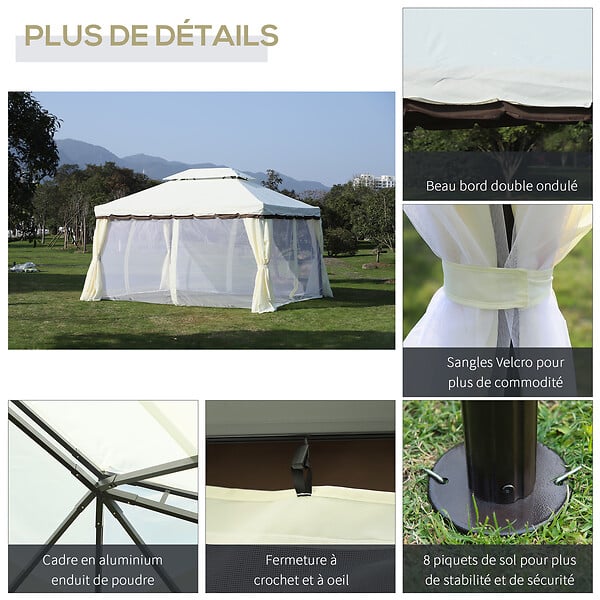 OUTSUNNY - Tonnelle barnum pavillon de jardin style colonial double toit toile moustiquaires et toiles amovibles 3,9L x 2,9l x 2,8H m crème - large