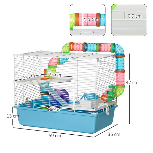 PAWHUT - Cage à hamsters 3 niveaux - tunnel, abreuvoir, roue, maisonnette, échelles - dim. 59L x 36l x 47H cm - métal PP bleu blanc - large