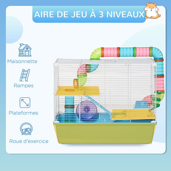 PAWHUT - Cage à hamsters 3 niveaux - tunnel, abreuvoir, roue, maisonnette, échelles - dim. 59L x 36l x 47H cm - métal PP bleu blanc - large