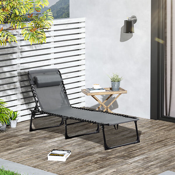 OUTSUNNY - Bain de soleil transat pliable avec poignée - dossier inclinable multi-positions, pochette, tétière - acier époxy noir lacets élastiques textilène gris - large