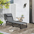 OUTSUNNY - Bain de soleil transat pliable avec poignée - dossier inclinable multi-positions, pochette, tétière - acier époxy noir lacets élastiques textilène gris - vignette