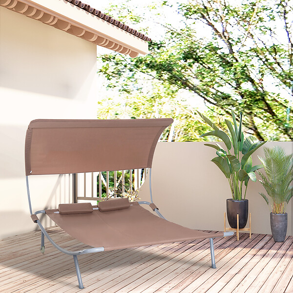 OUTSUNNY - Bain de soleil 2 places lit de jardin design contemporain toit réglable 2 roulettes 2 oreillers acier époxy polyester marron foncé - large