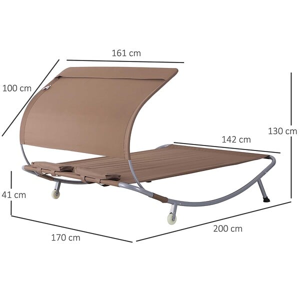 OUTSUNNY - Bain de soleil 2 places lit de jardin design contemporain toit réglable 2 roulettes 2 oreillers acier époxy polyester marron foncé - large