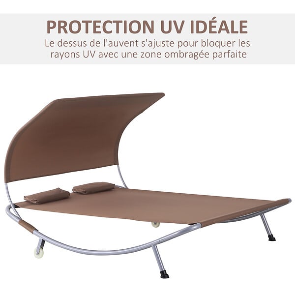 OUTSUNNY - Bain de soleil 2 places lit de jardin design contemporain toit réglable 2 roulettes 2 oreillers acier époxy polyester marron foncé - large
