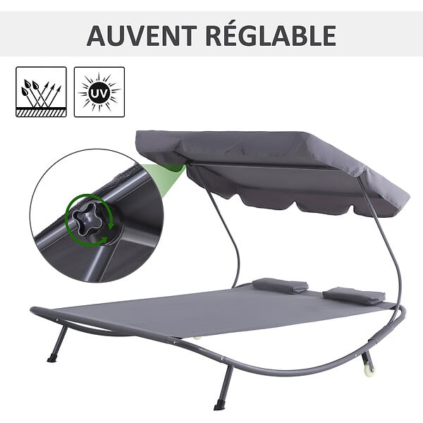 OUTSUNNY - Bain de soleil 2 places lit de jardin design contemporain toit réglable 2 roulettes 2 oreillers acier époxy polyester gris - large