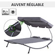 OUTSUNNY - Bain de soleil 2 places lit de jardin design contemporain toit réglable 2 roulettes 2 oreillers acier époxy polyester gris - vignette