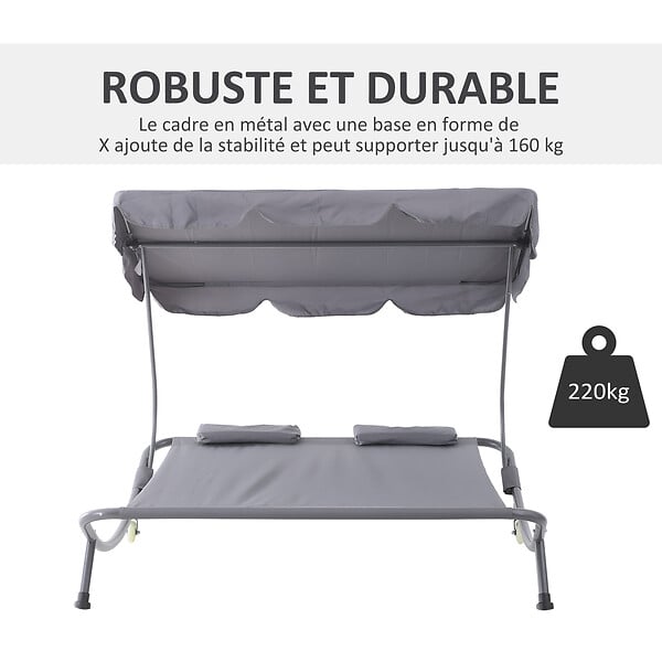 OUTSUNNY - Bain de soleil 2 places lit de jardin design contemporain toit réglable 2 roulettes 2 oreillers acier époxy polyester gris - large