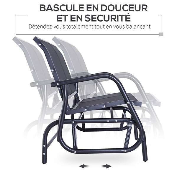 OUTSUNNY - Banc à bascule de jardin 2 places design contemporain grand confort accoudoirs assise et dossier ergonomique acier textilène noir - large