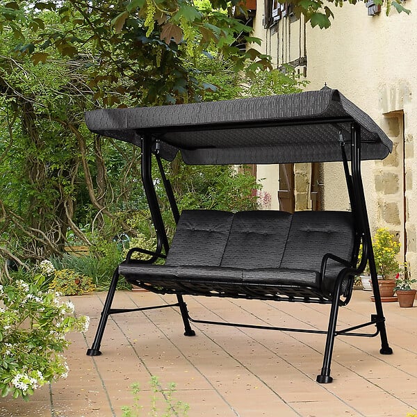OUTSUNNY - Balancelle de jardin 3 places grand confort toit inclinaison réglable épais coussins amovibles polyester acier époxy gris noir - large