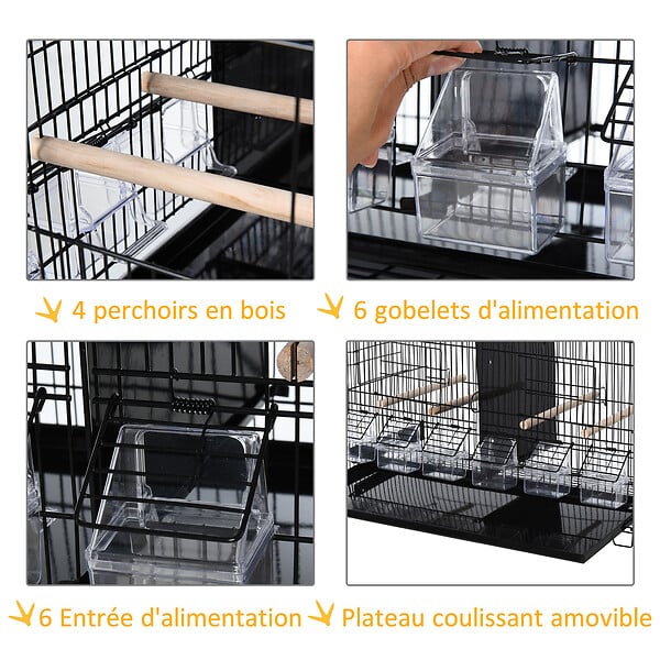 PAWHUT - PawHut Cage à oiseaux dim. 59,5L x 29,8I x 35,3H cm mangeoires perchoirs 4 portes plateau excrément amovible + poignée transport métal PP noir - large